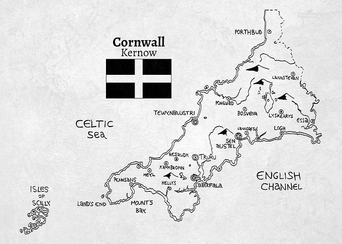Handdrawn map of Cornwall