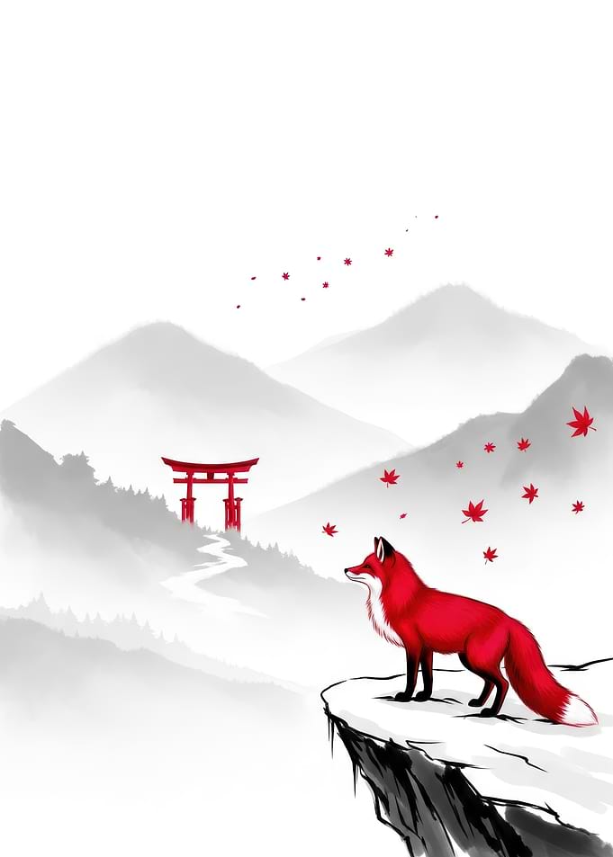 Red Fox on Cliff with Torii Gate