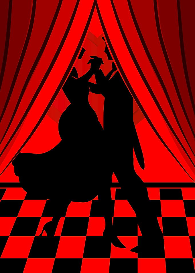 Silhouettes of a dancing couple on a checkered floor