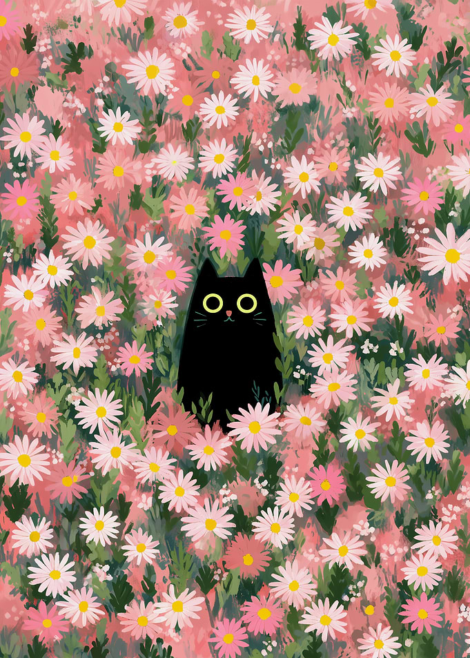 Black Cat in Pink Flowers