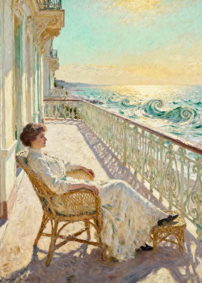 Woman on Balcony Overlooking the Sea