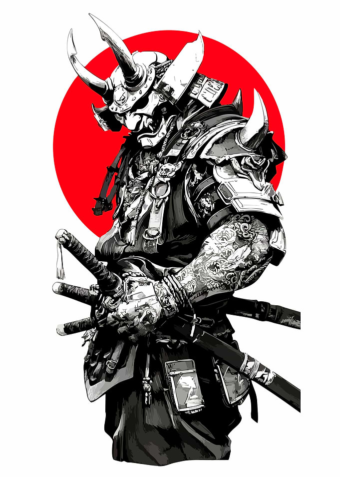 Samurai Warrior with Swords and Red Sun