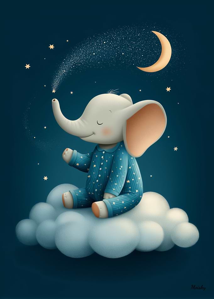 Cute Elephant Illustration Dreamlike Night Scene