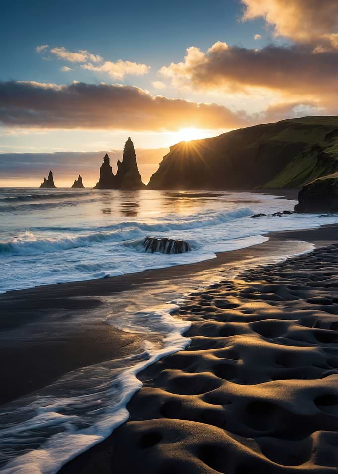Dramatic Icelandic Black Sand Beach Sunrise