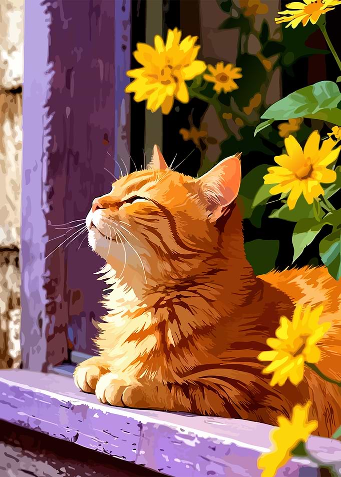 Orange Cat Sunbathing by Flowers