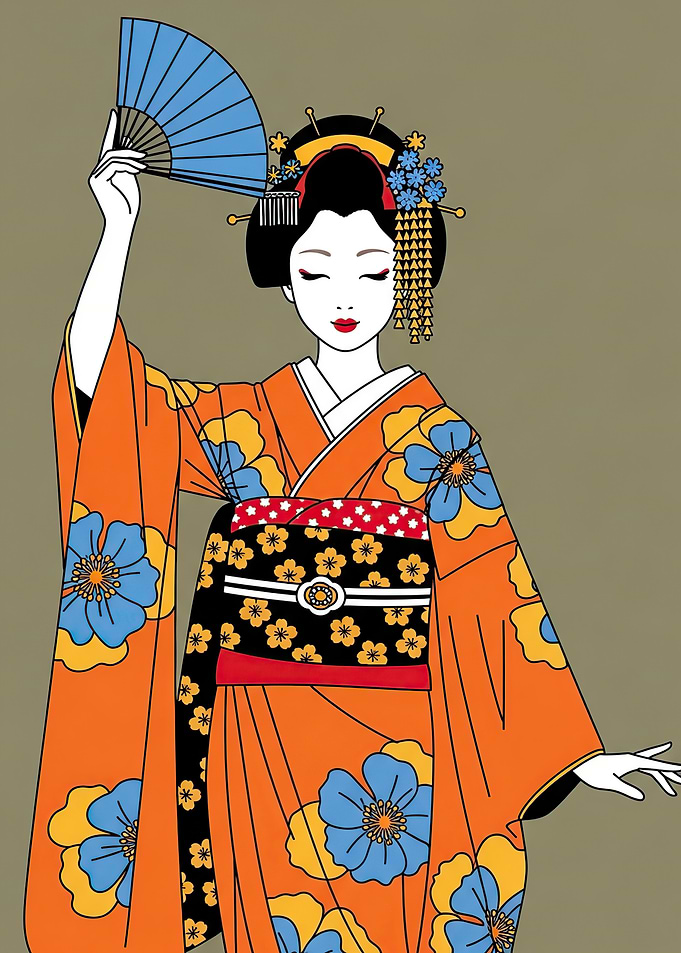 Geisha with Fan and Floral Kimono