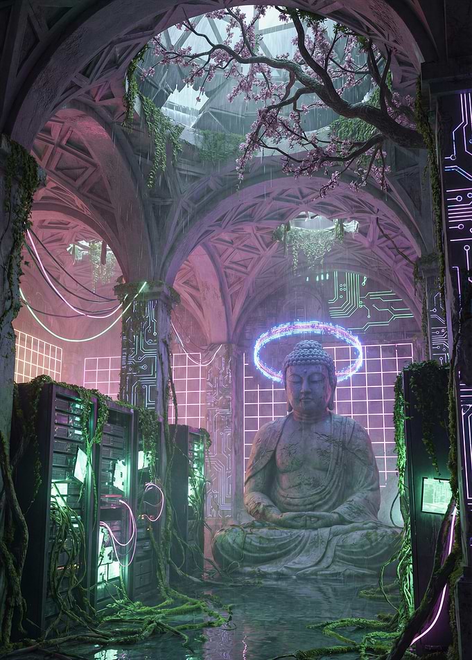 Cyberpunk Buddha in Ruined Temple