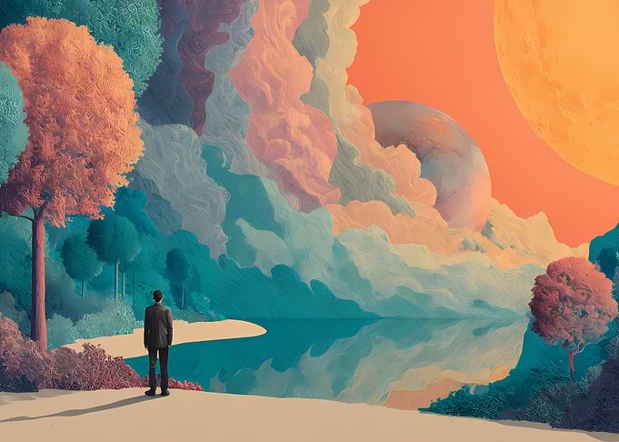 Man Gazing at Surreal Cosmic Landscape