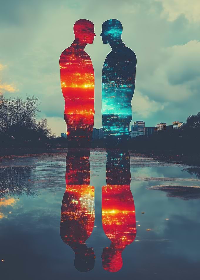 Silhouettes of two people reflecting in water
