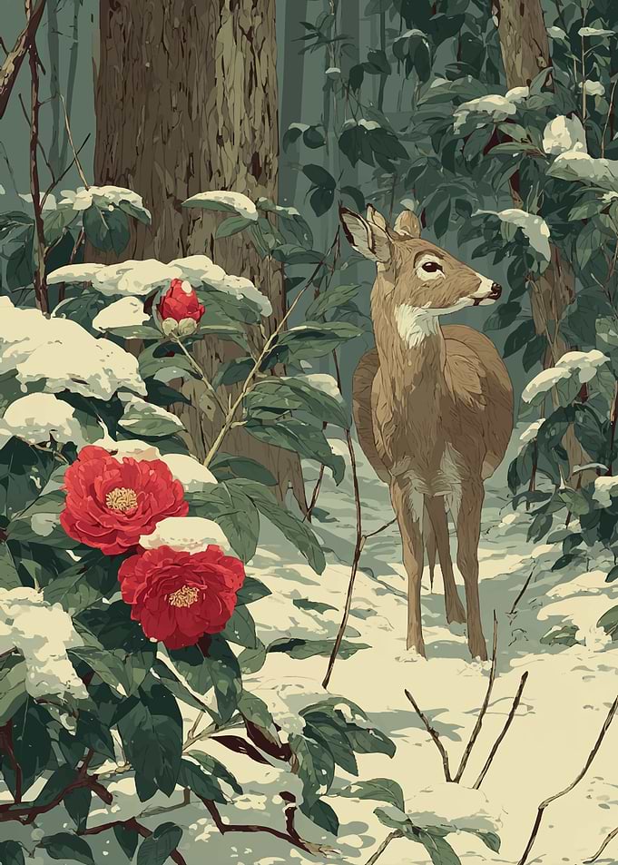 Deer in a Snowy Forest with Camellias
