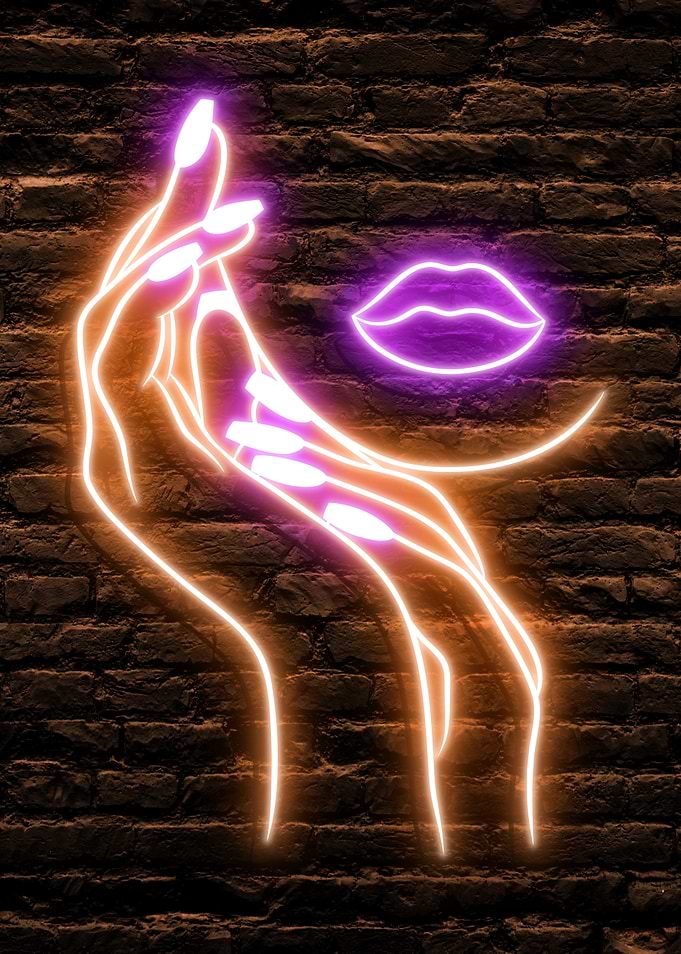 Neon Lady Face Jawline Hand and Lips on a dark Brick Wall Background