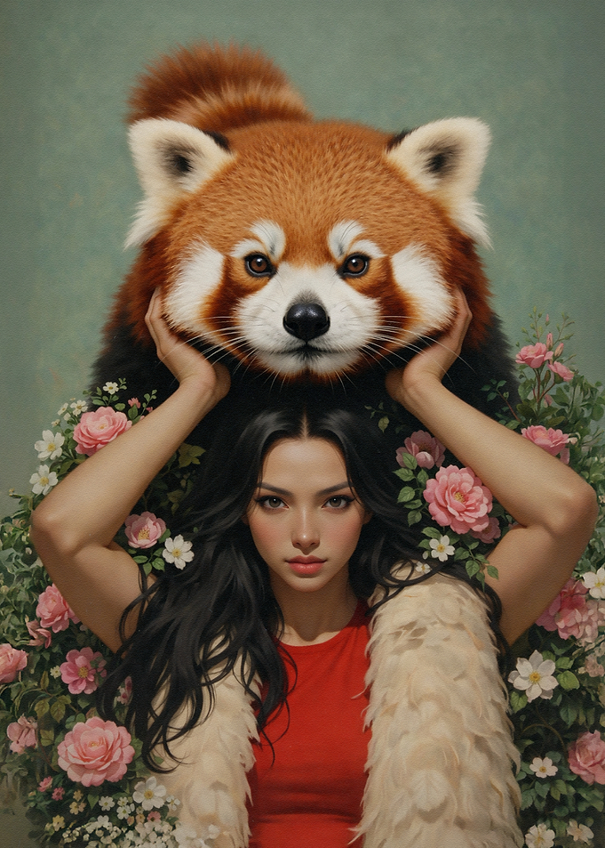 Red Panda and Woman with Flowers