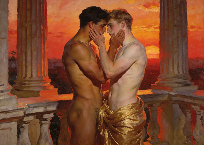 Two men embracing at sunset