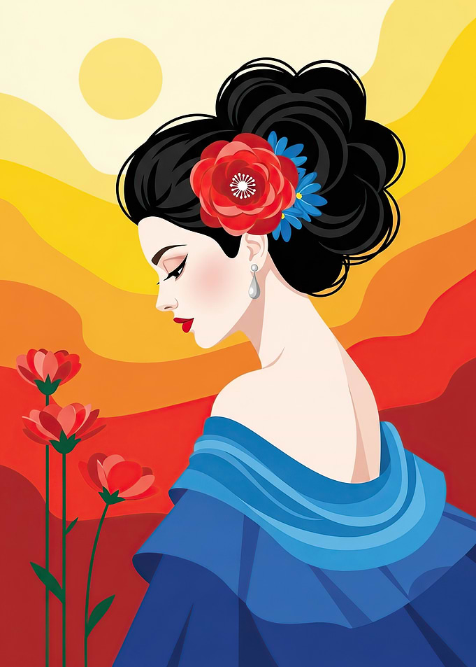 Woman with Flowers at Sunset