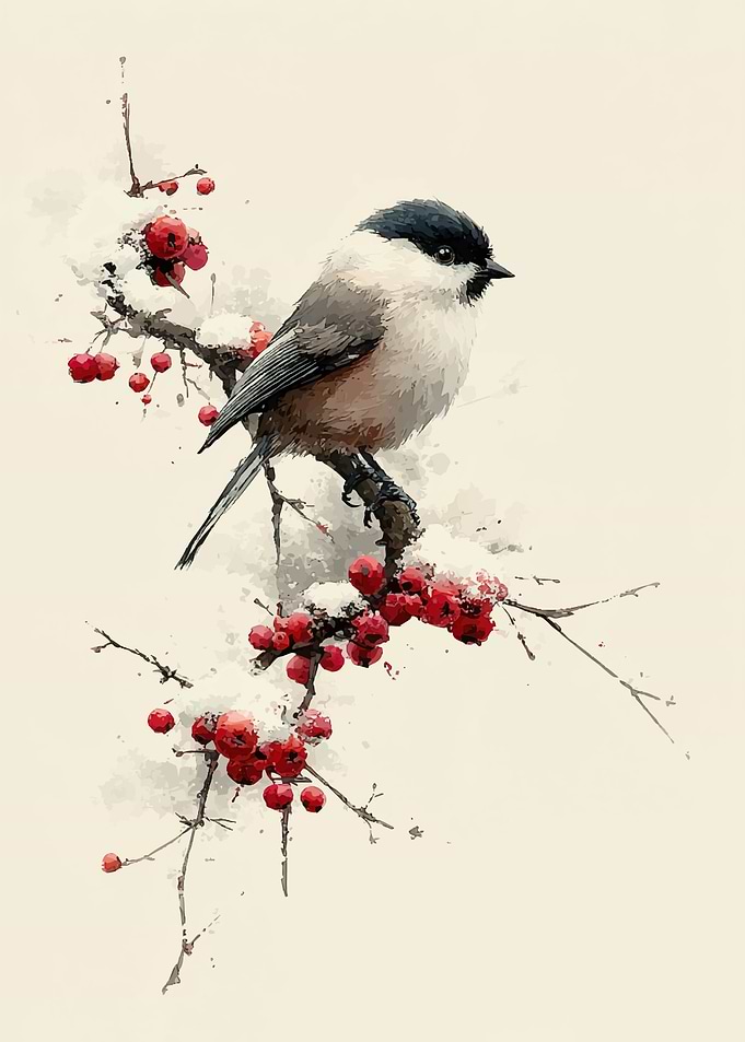 Bird on a snowy branch with berries
