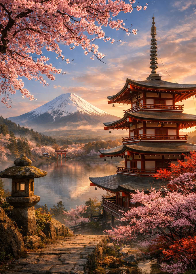 Mount Fuji Pagoda Cherry Blossoms