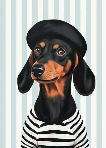 Dachshund in Beret and Striped Shirt