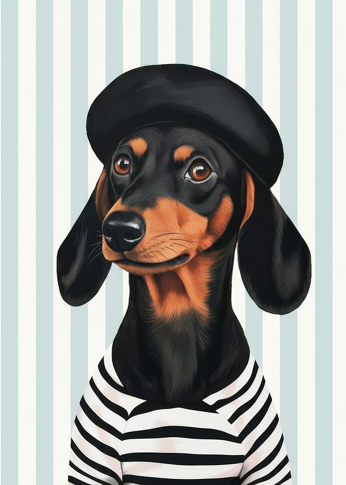 Dachshund in Beret and Striped Shirt