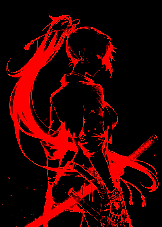 Red Silhouette Samurai Woman with Swords