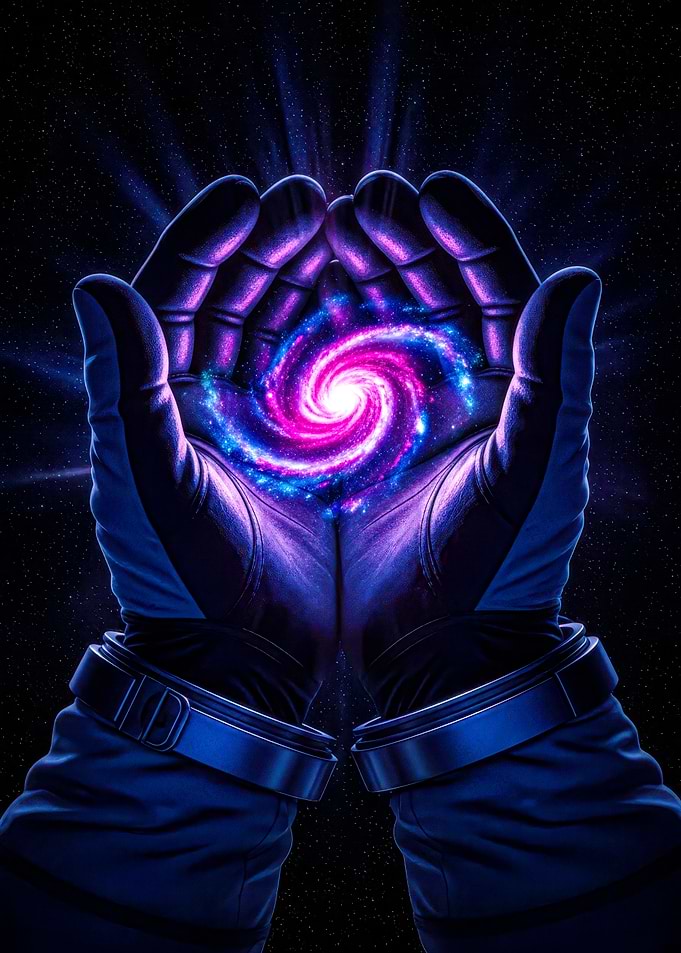 Astronaut Hands Holding Galaxy