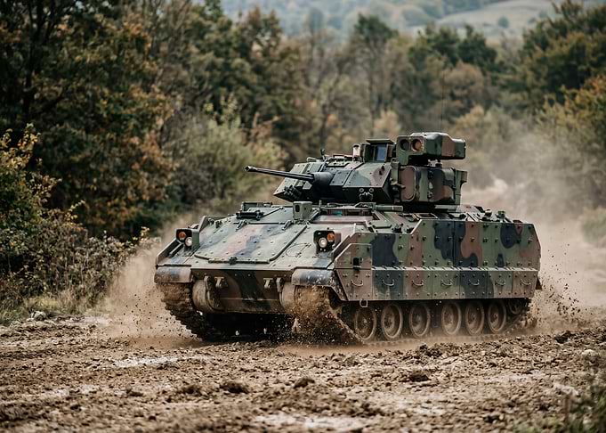 Military Tank Driving on Muddy Terrain