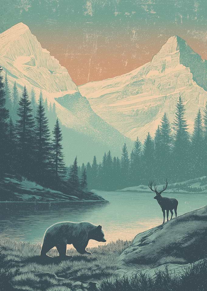 Bear and Deer in Mountain Lake Landscape