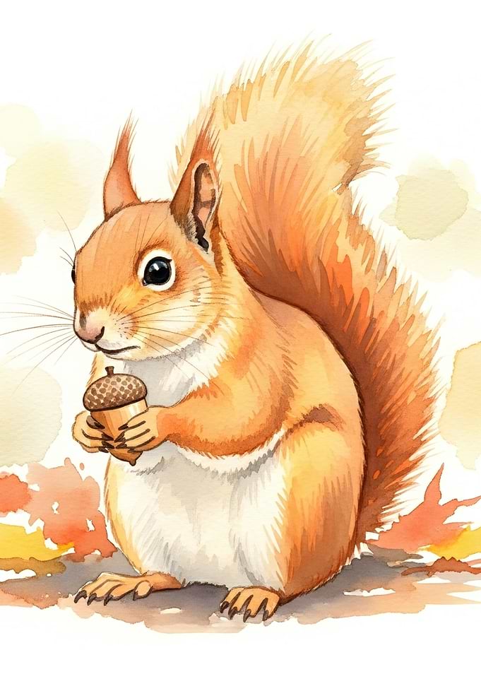 Watercolor Squirrel Holding an Acorn