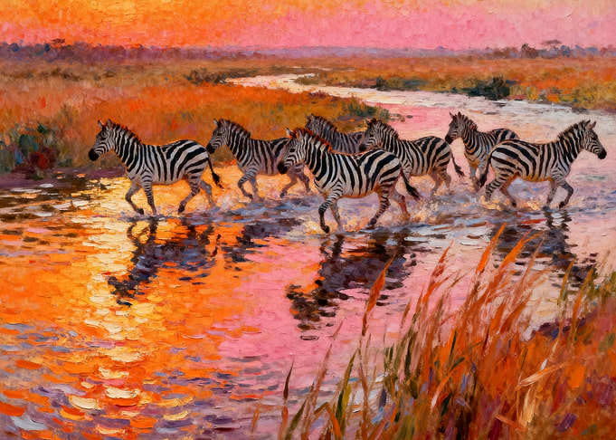Zebras crossing a river at sunset