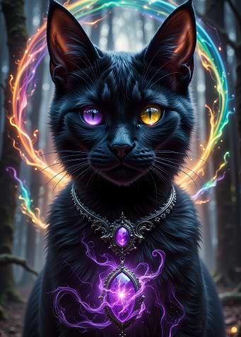 Mystical Black Cat with Glowing Amulet