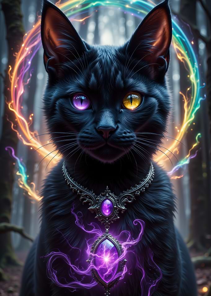 Mystical Black Cat with Glowing Amulet
