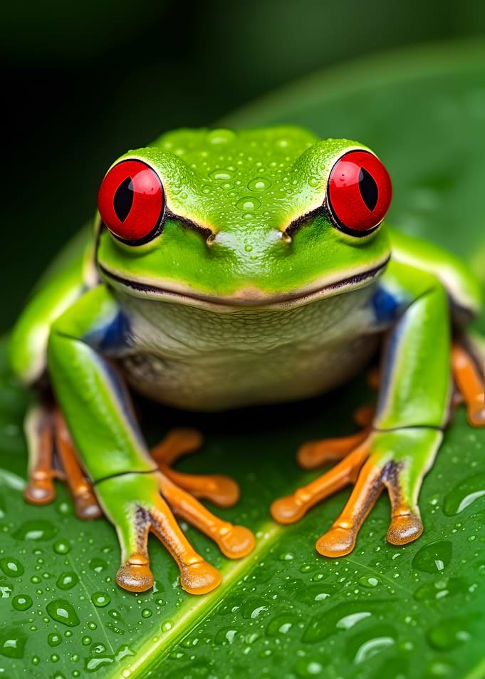 Red-eyed tree frog on a wet leaf