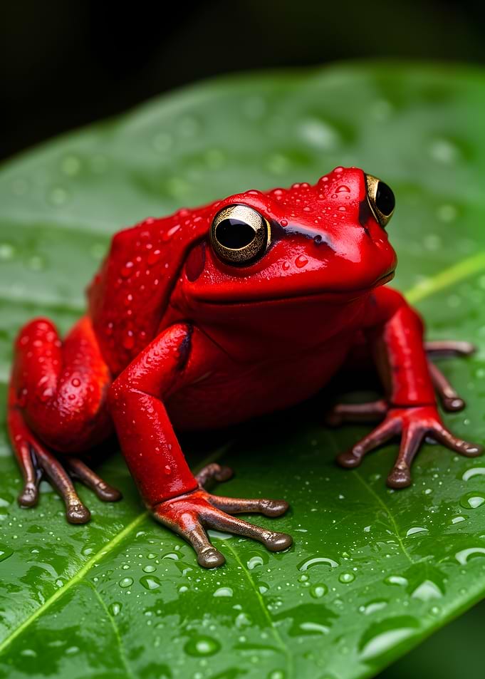 Vibrant Red Frog on Green Leaf