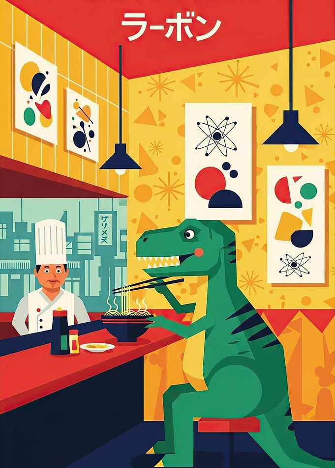 Dinosaur eating ramen in a restaurant