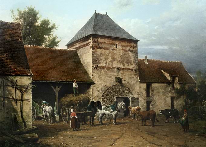 Farmyard scene with horses and cows