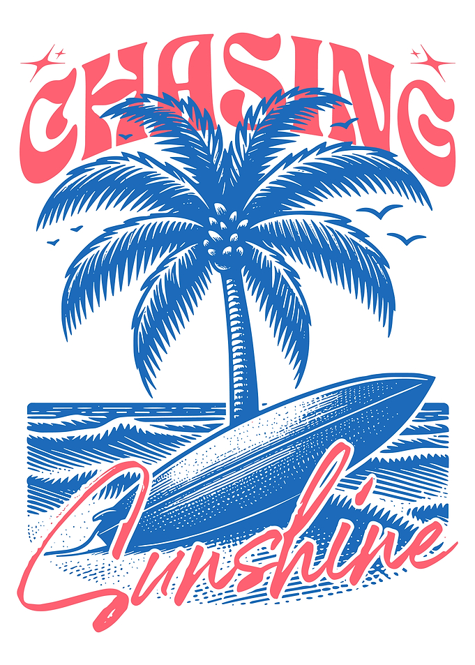 Chasing Sunshine Poster, Retro Surf Beach Art, Summer Palm Tree Wall Print