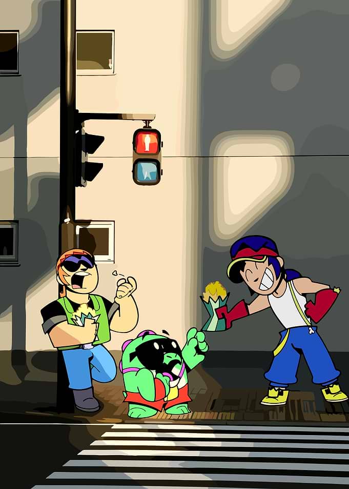 Brawl Stars characters at a crosswalk