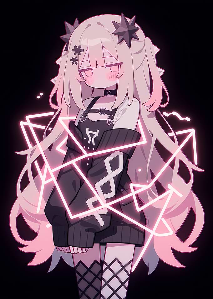 Anime Girl with Pink Neon Geometric Shapes