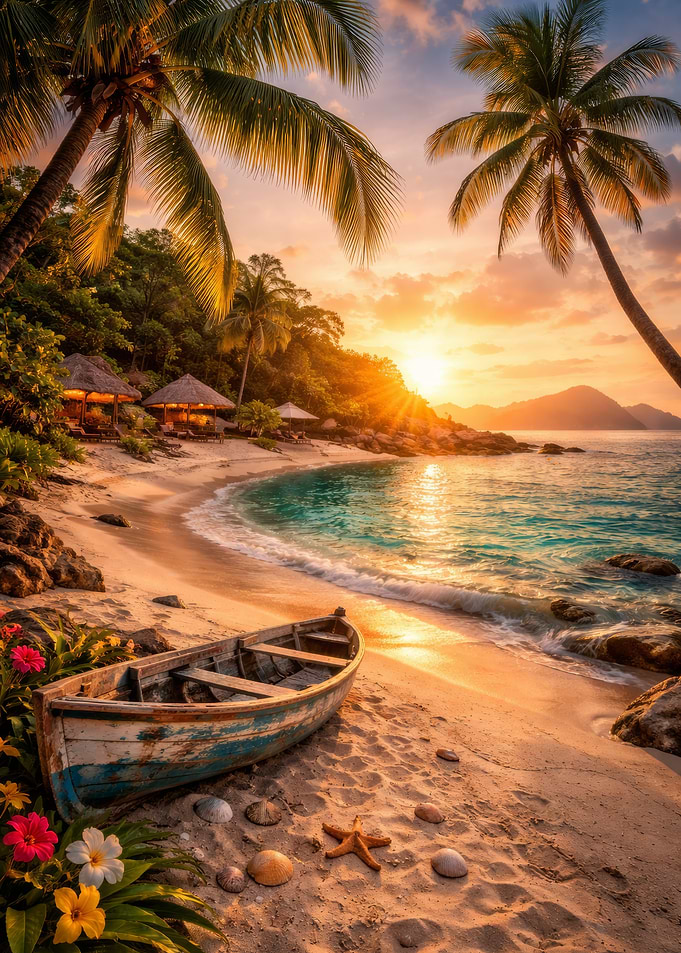 Tropical Beach Sunset with Boat