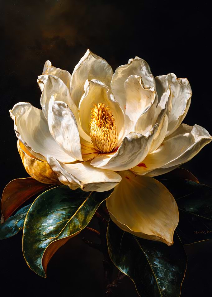 Classical White Magnolia Dark Background Painting