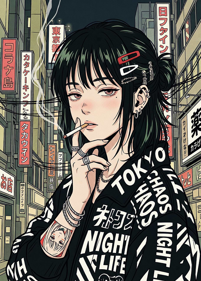 Anime Girl Smoking in Tokyo Night