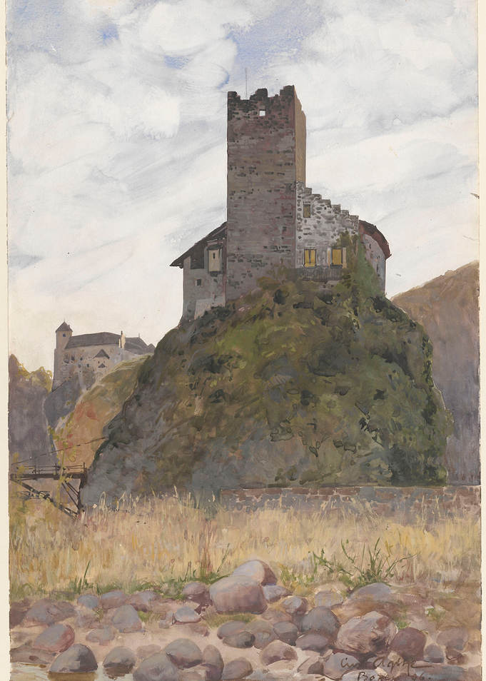 Watercolor painting of a castle on a rocky hill