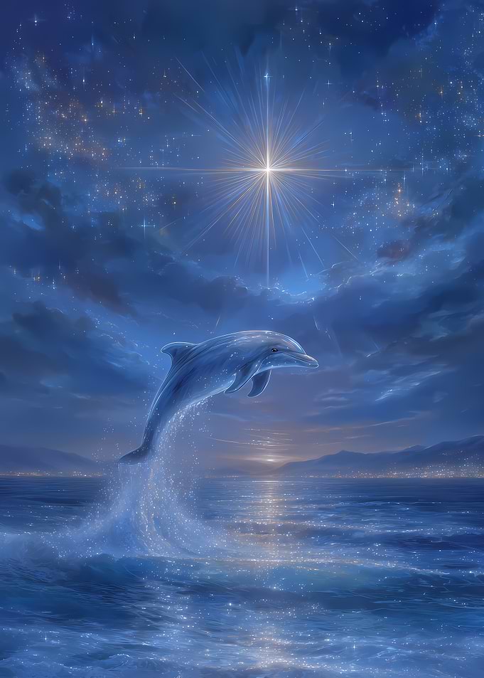 Dolphin leaping under a starry sky