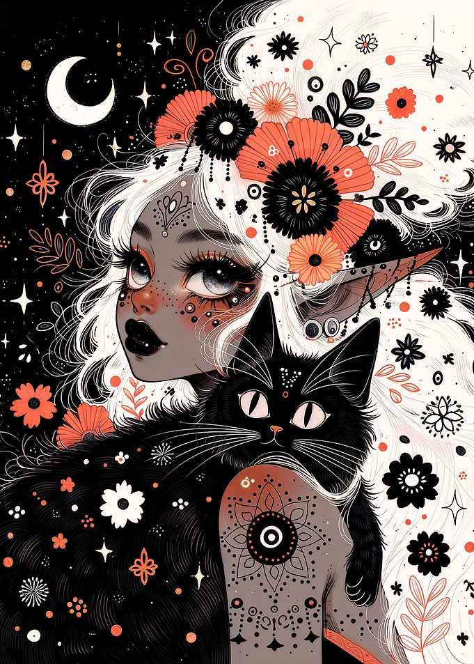 Boho Elf Girl with Black Cat and Flowers