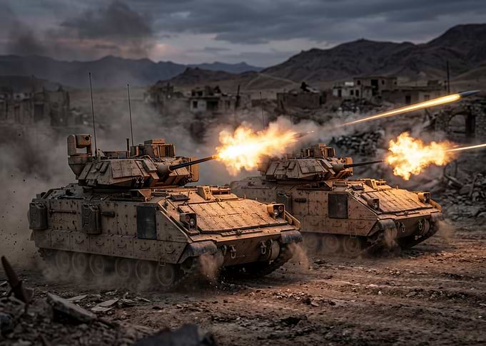 Tanks firing in a war-torn landscape