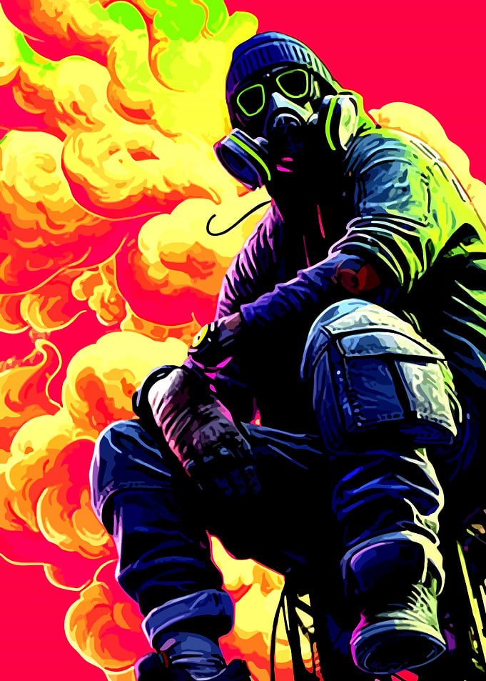 Man in Gas Mask with Explosions