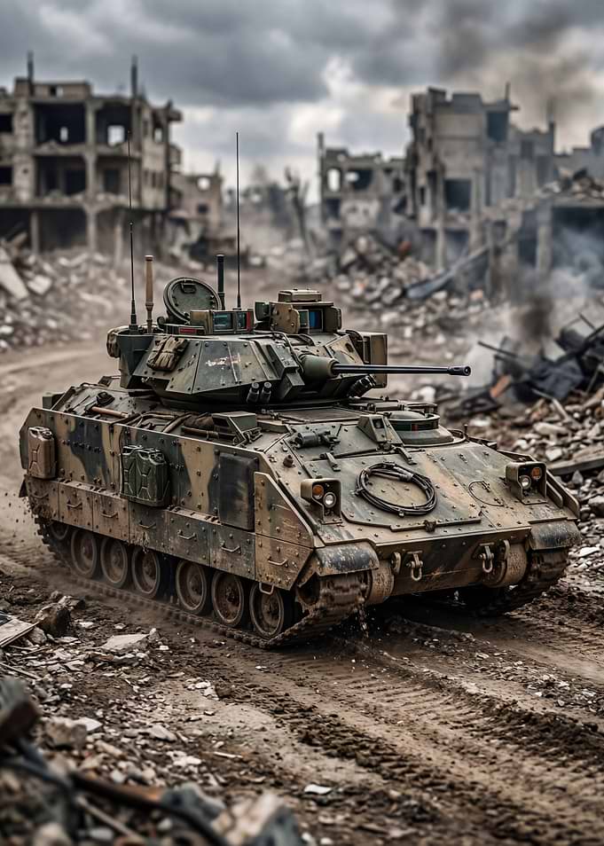 Military tank in destroyed city