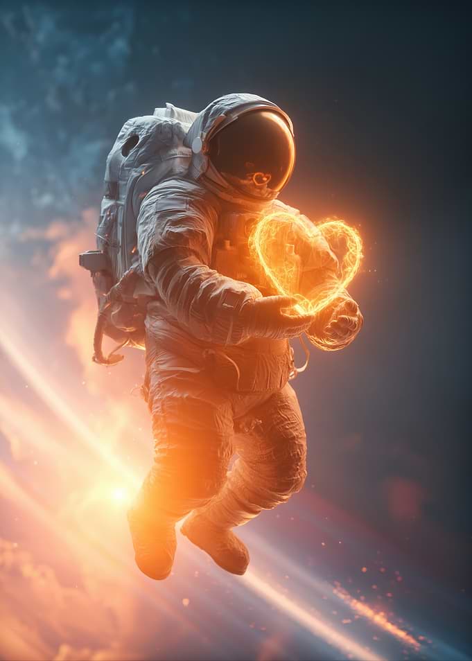 Astronaut Holding a Fiery Heart