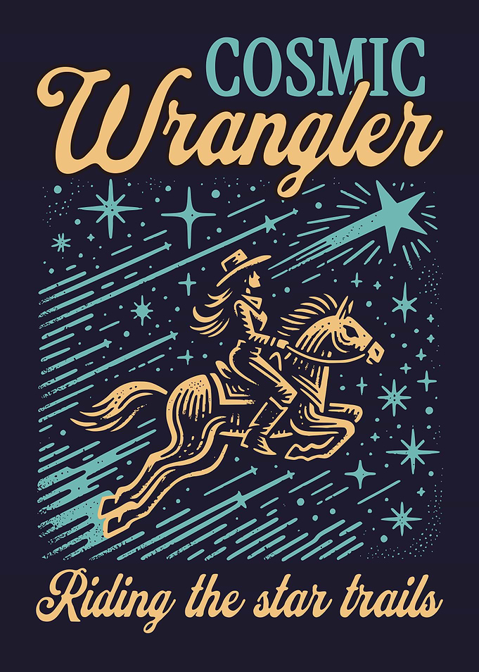 Cosmic Wrangler Poster Vintage Space Cowboy Western Retro Star Riding Wall Art