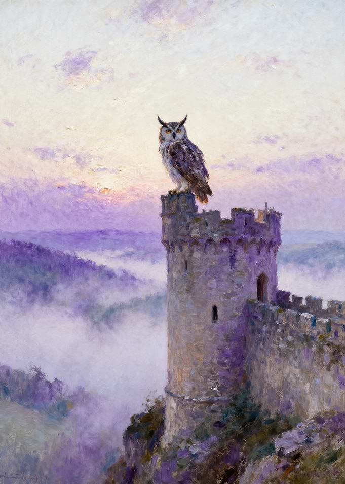 Owl perched on a castle tower at sunrise