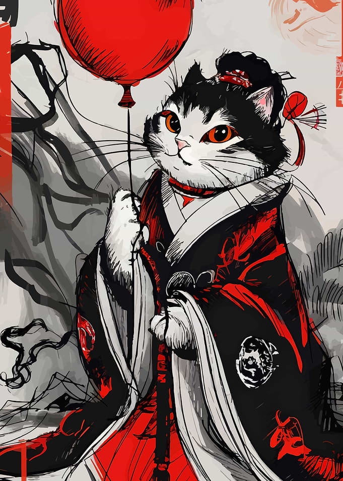 Cat in Kimono Holding Red Balloon